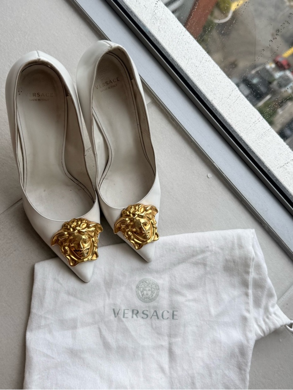 Versace White Leather Pointed Pumps with Gold Medusa Plaques 37.5 size